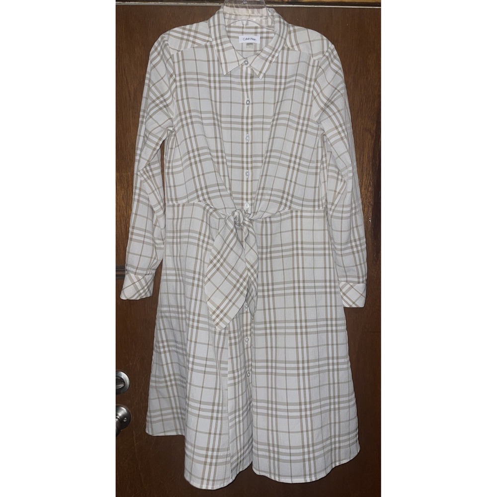 Calvin Klein Plaid Tie Front Shirt Dress Size 12 Brown Workwear Business Office